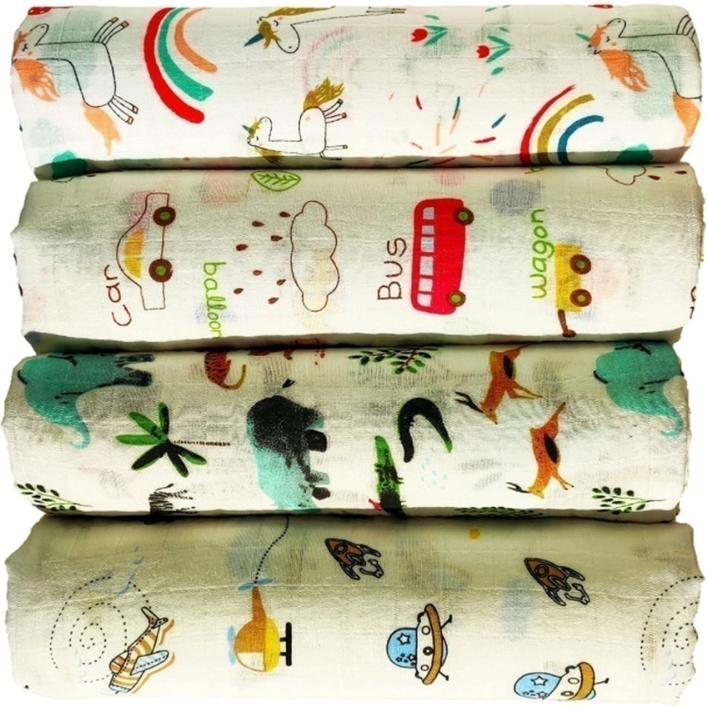 Brand New Set of 4 100% Cotton Muslin Swaddle Blankets Gender Neutral 47”x44”